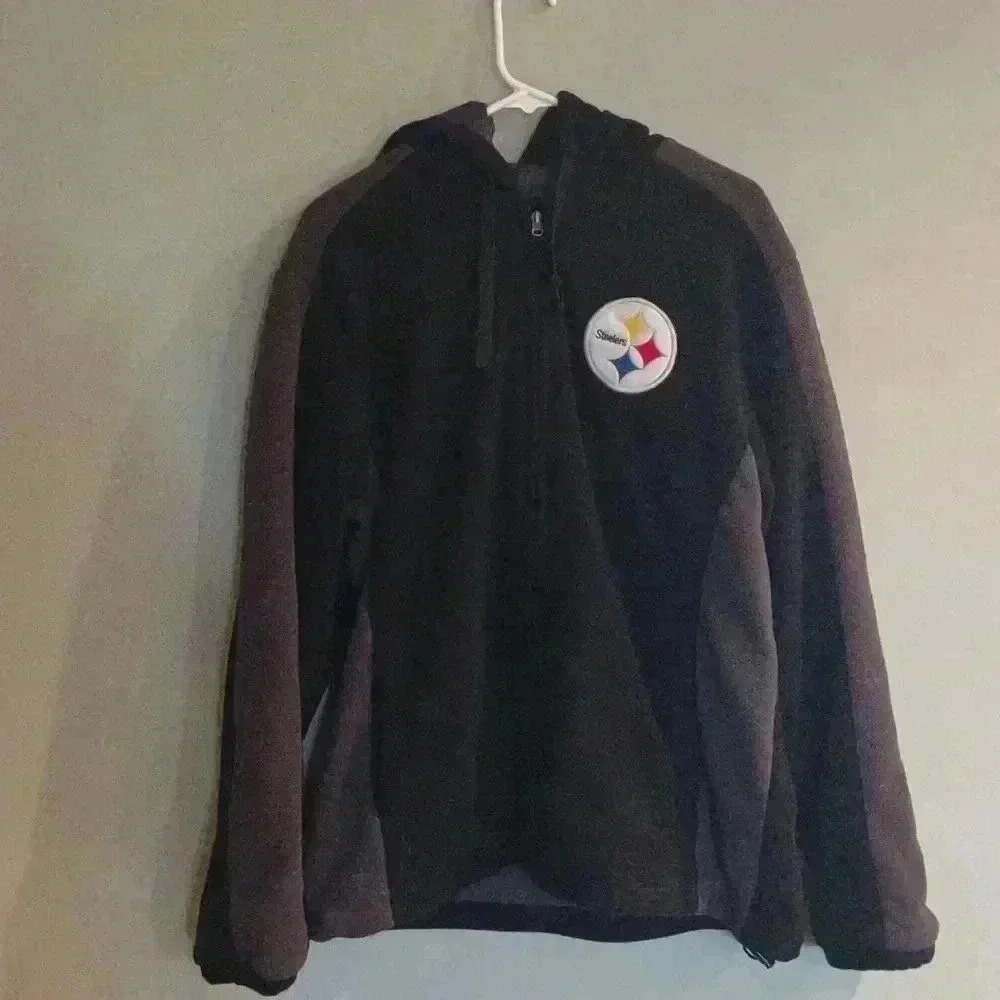 NFL Pittsburgh Steelers lined fleece black with logo hooded zip up jacket mens L